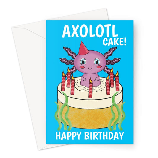 Cute kawaii axolotl in a birthday cake greeting card.