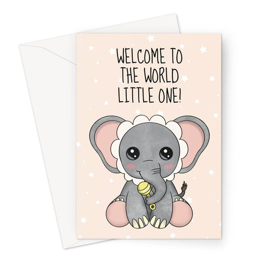 New arrival congratulations card with a cute baby elephant illustration.