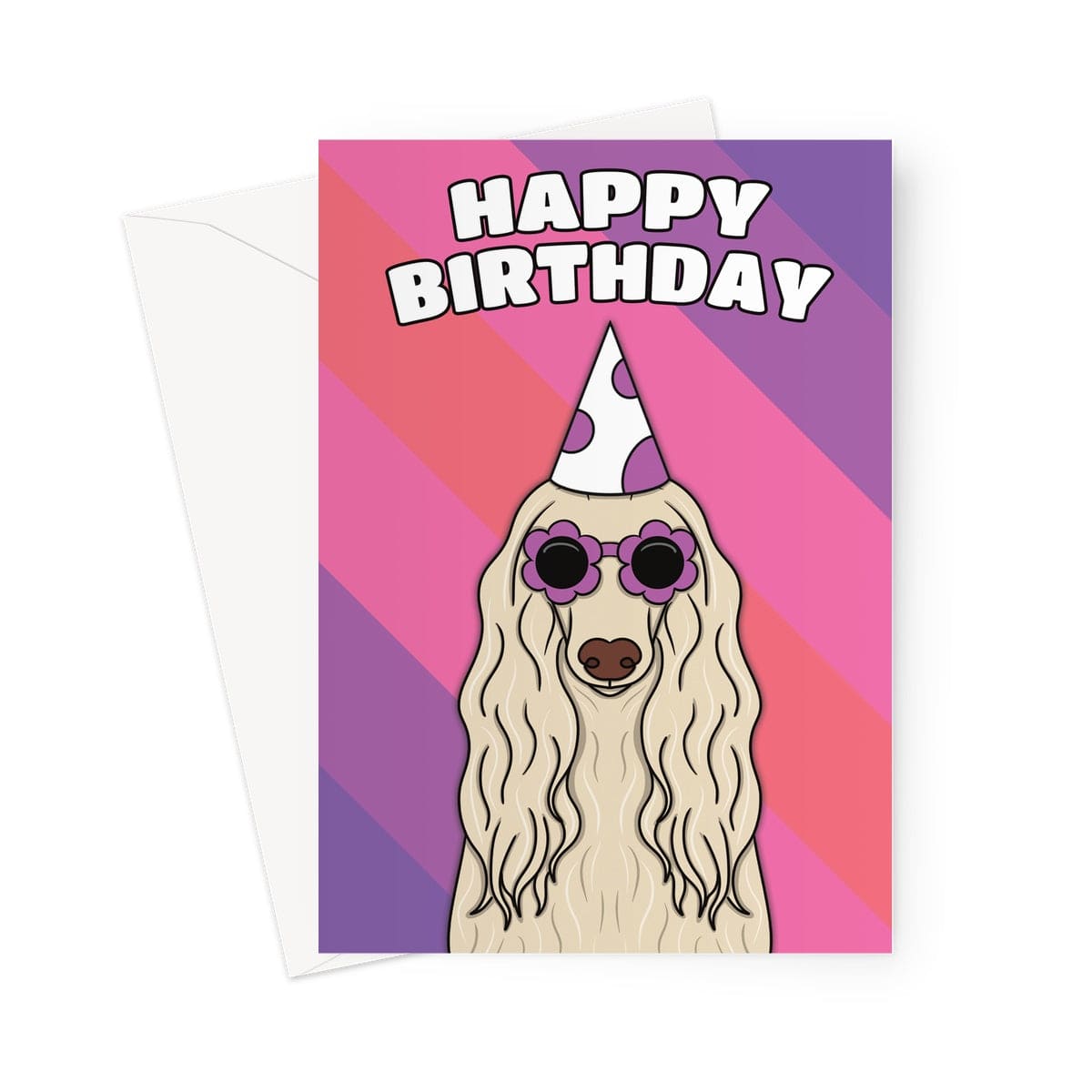 A playful and colourful birthday card featuring an adorable Afghan Hound dog wearing a party hat