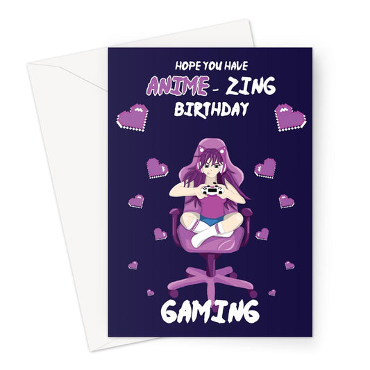 A birthday card with an illustration of a purple haired anime girl, sitting gaming in a purple computer chair, playing video games.