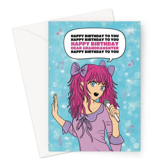A birthday card for a Granddaughter with an illustration of a pink haired singing anime girl.