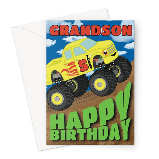 A 5th Birthday card for a Grandson, with a bright yellow monster truck on a dirt jump.