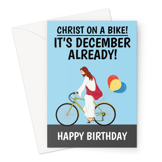Jesus Christ cycling on a push bike, funny happy birthday card.