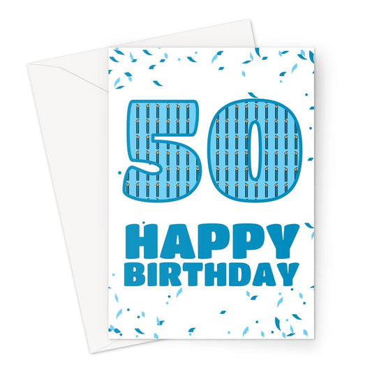 50th birthday card. Large blue 50 with blue confetti around it and the words happy birthday underneath.