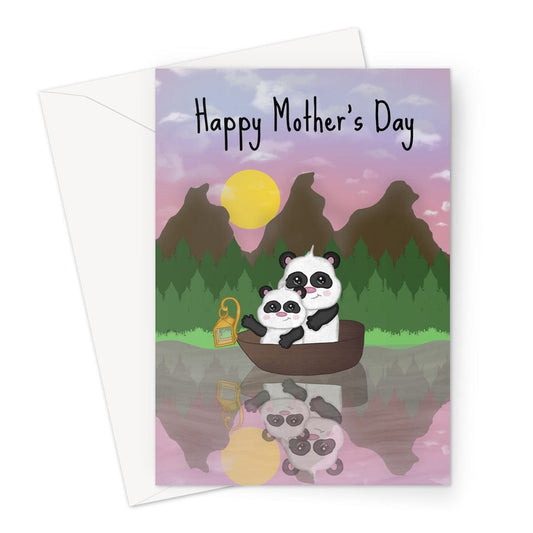 Cute Mother's Day card with an illustration of a panda Mum and child in a boat.