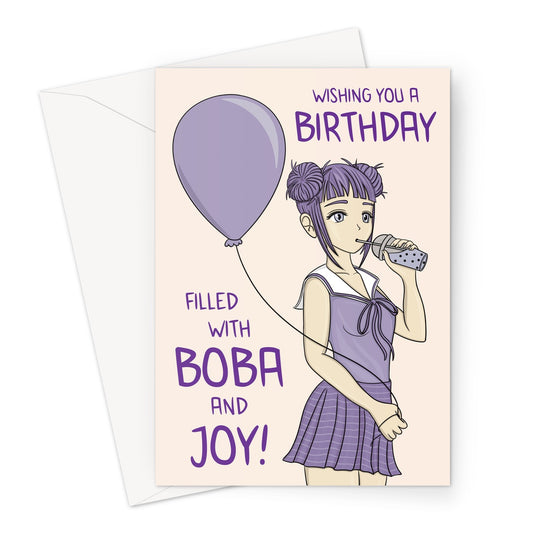 Boba bubble tea birthday card featuring an anime style girl.