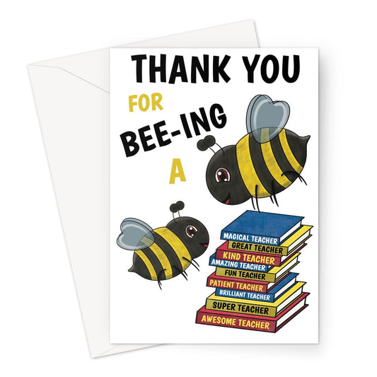 Thank you teacher card with bumble bees and books.
