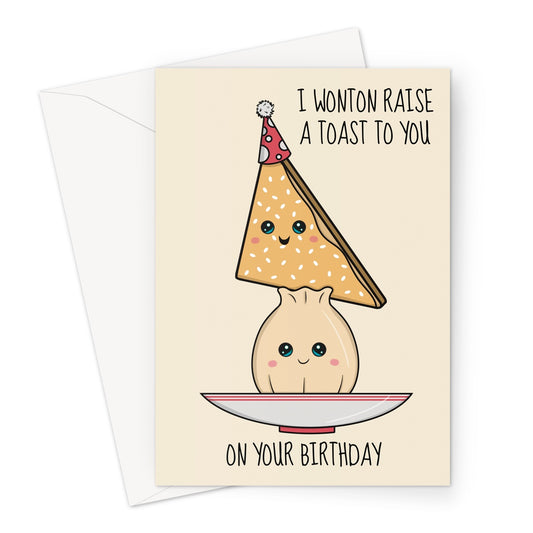 A funny wonton and prawn toast themed birthday greeting card joke.