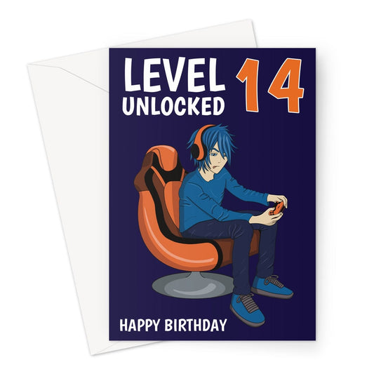 Level Unlocked 14, 14th Birthday card for a video gaming boy.