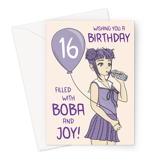 A cute boba tea and anime girl birthday card for a 16 year old.
