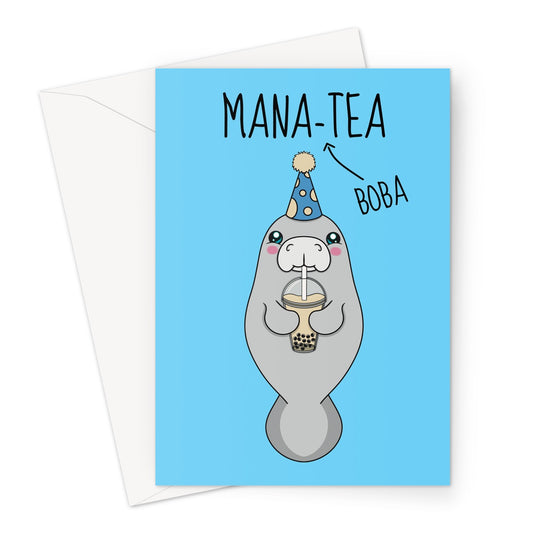 A cute Manatee drinking Boba tea greeting card