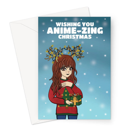 A cute anime girl Christmas card. The girl on the card is wearing reindeer antlers and an ugly Christmas sweater.