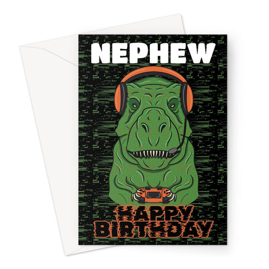 Funny Nephew birthday card - Video Game Playing Dinosaur