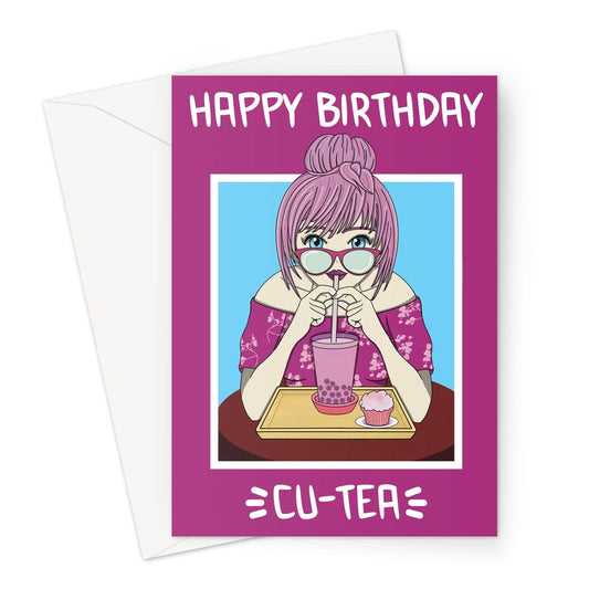 A cute pink haired anime girl drinking bubble tea on a birthday card.
