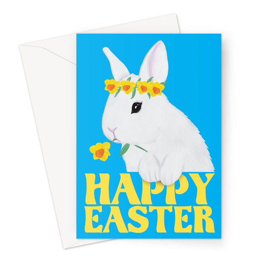 A cute easter bunny Happy Easter greeting card with blue background.