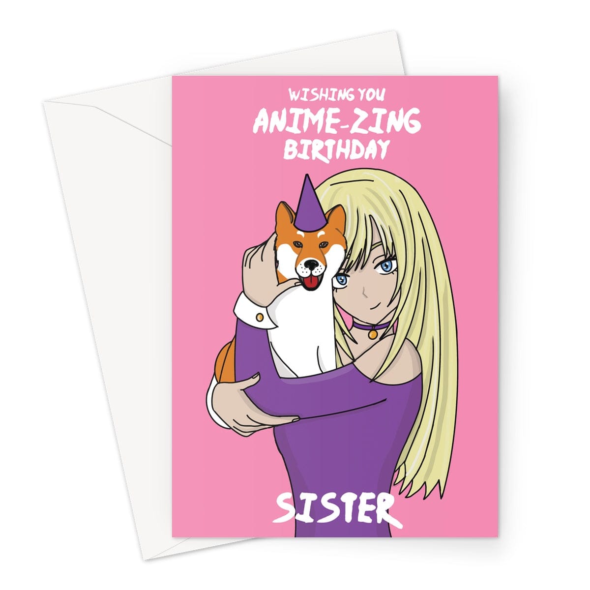 A cute anime girl and japanese shiba inu dog themed birthday card for a sister.