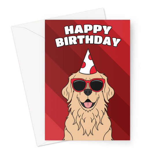 A playful and colourful birthday card featuring an adorable golden retriever dog wearing a party hat 