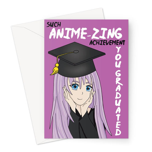 A cute anime girl card to congratulate someone for passing their degree and graduating. The girl on the card is wearing a grad cap and gown.