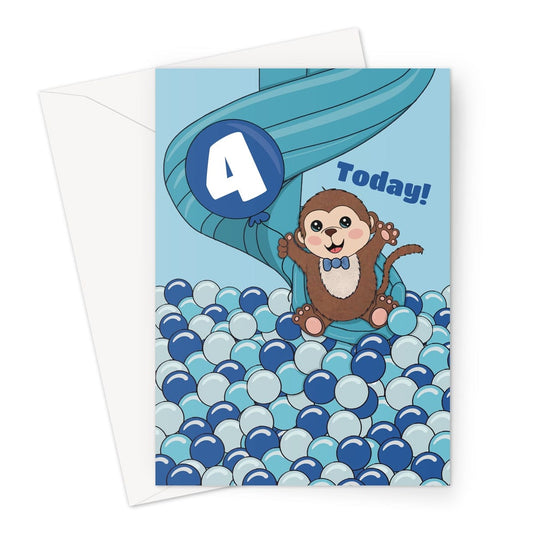 A 4th Birthday card featuring a monkey sliding into a ball pool.