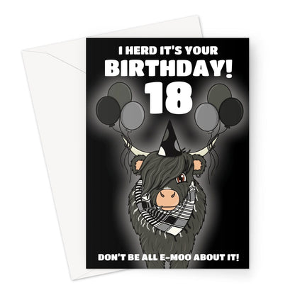 Funny 18th birthday card with an illustration of an emo cow.