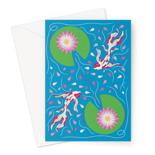 A blank card with an illustration of Koi in a carp pond.