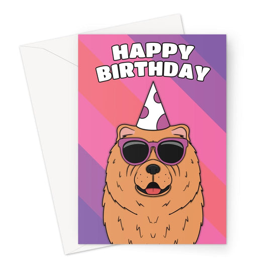 A playful and colourful birthday card featuring an adorable chow chow dog wearing a party hat 