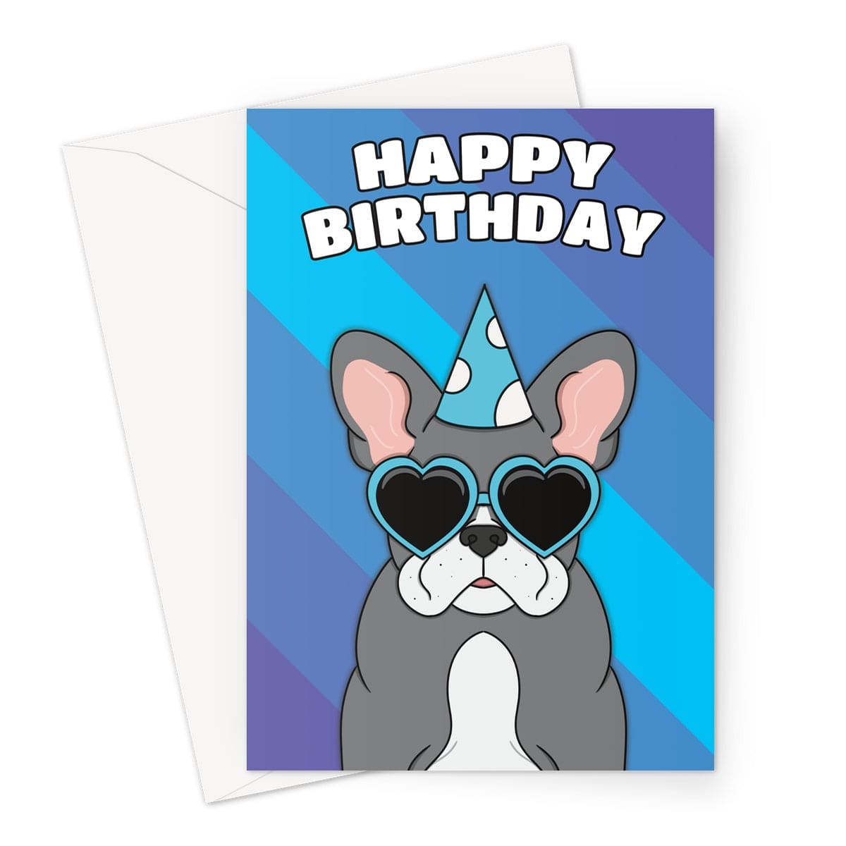 A playful and colourful birthday card featuring an adorable French bulldog wearing a party hat