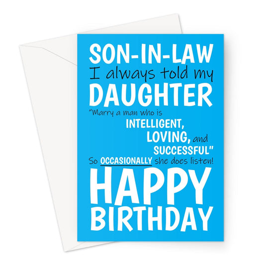 Funny blue birthday card for a son-in-law.