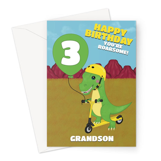 A funny 3rd birthday card for a Grandson. A cartoon T-rex Dinosaur ridind on a kids trick scooter with a 3 birthday balloon.