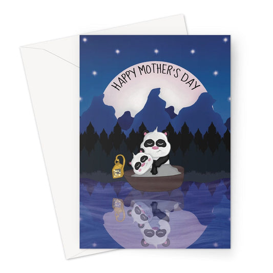 Cute Mother's Day card with an illustration of a panda Mum and child asleep in a boat at night.