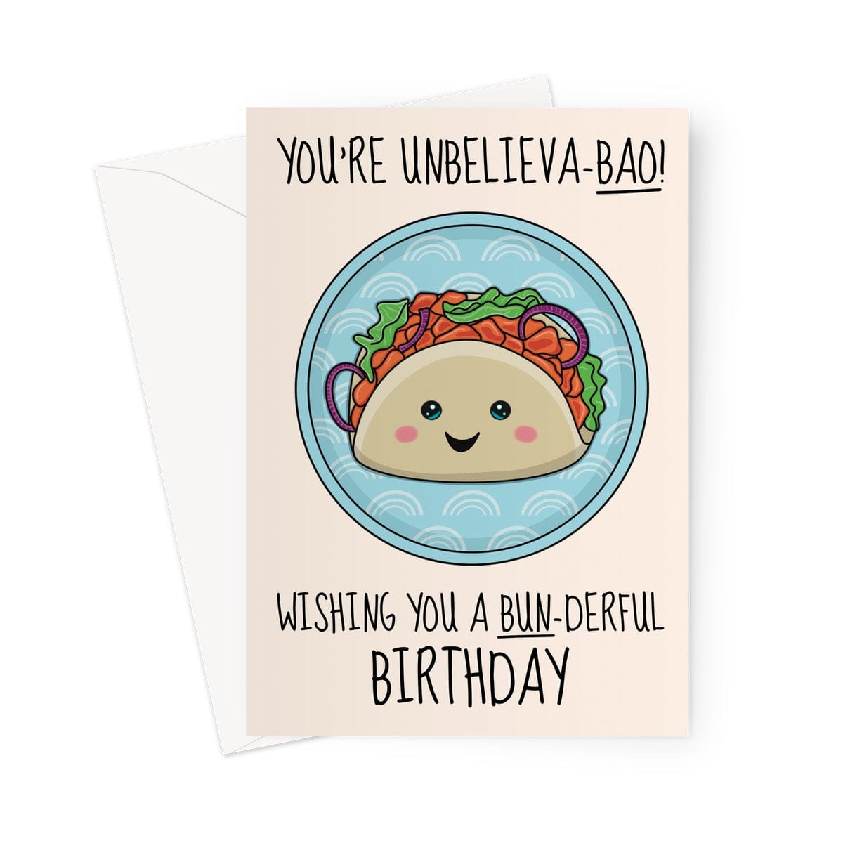 Kawaii Asian cuisine themed birthday card for bao bun lovers.