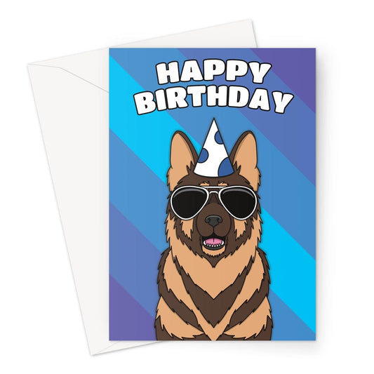 A playful and colourful birthday card featuring an adorable German Shepherd dog wearing a party hat 