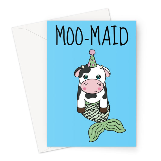 Funny greeting card with a cow mermaid "moo-maid"
