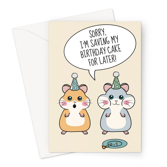 A cute Hamster birthday cake joke greeting card.