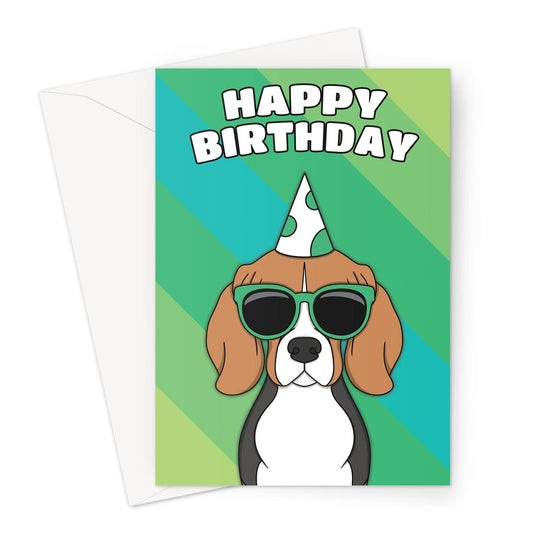 A playful and colourful birthday card featuring an adorable beagle dog wearing a party hat 