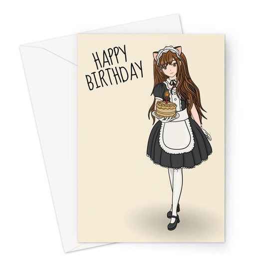 Japanese cafe maid birthday card illustrated in an anime style.