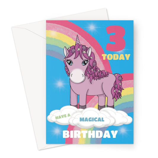3 today pink unicorn birthday card.
