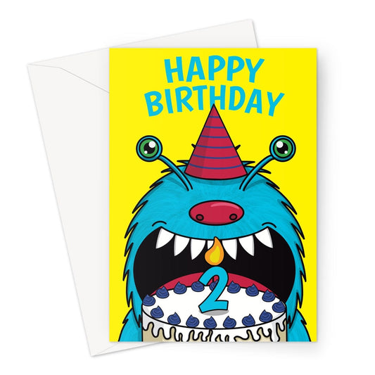 Yellow 2nd birthday card with a blue monster eating a birthday cake.