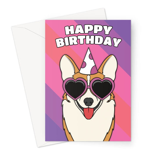 A playful and colourful birthday card featuring an adorable corgi dog wearing a party hat 