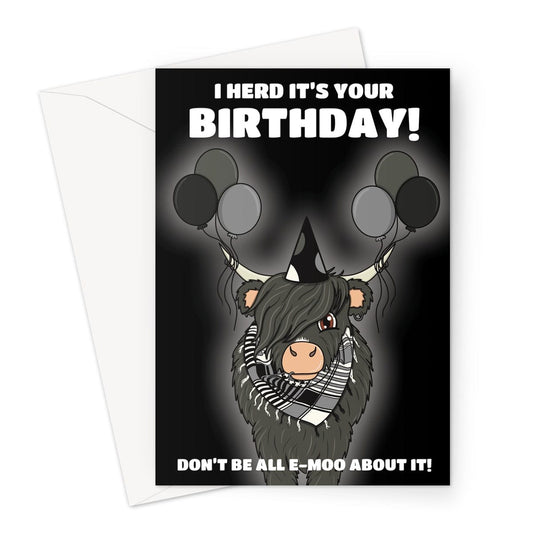 Funny birthday card for an emo with an illustration of a cartoon cow dressed as an emo.