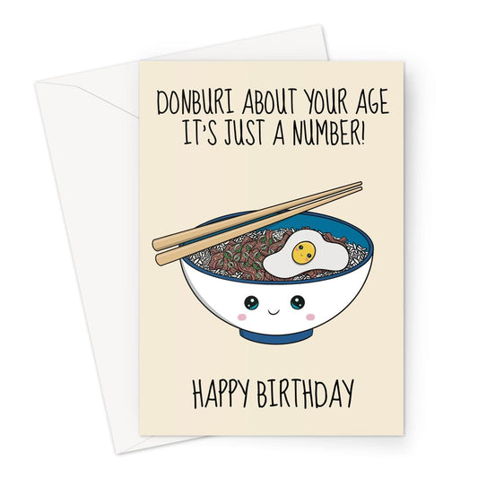 Donburi Curry Birthday Card illustrated in a kawaii style.