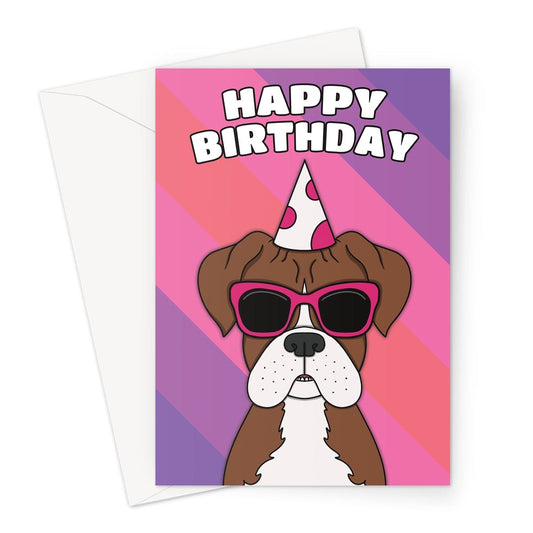 A playful and colorful birthday card featuring an adorable Boxer dog wearing a party hat 