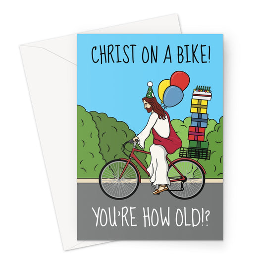 Funny Jesus Christ riding a bike birthday card.