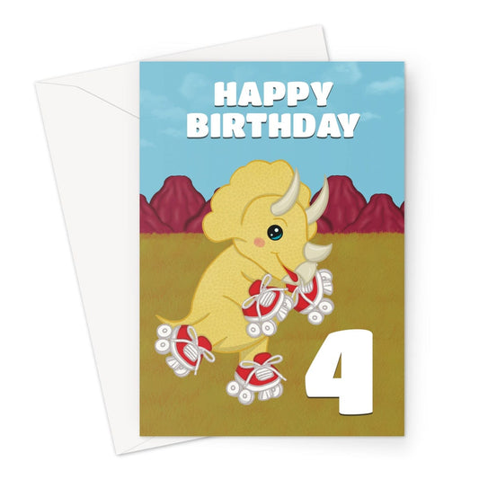 A 4th Birthday card featuring a triceratops on roller skates.