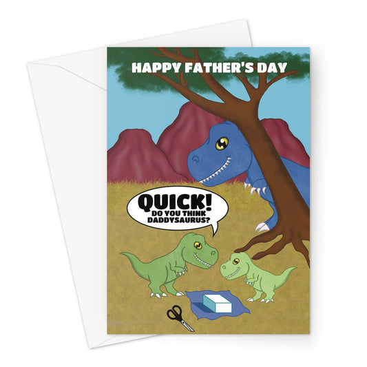 A funny Dinosaur themed Father's Day card from young children.