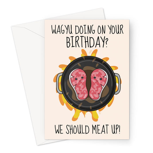 A funny Wagyu beef pun birthday card.