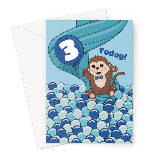 A 3rd Birthday card featuring a monkey sliding into a ball pool.