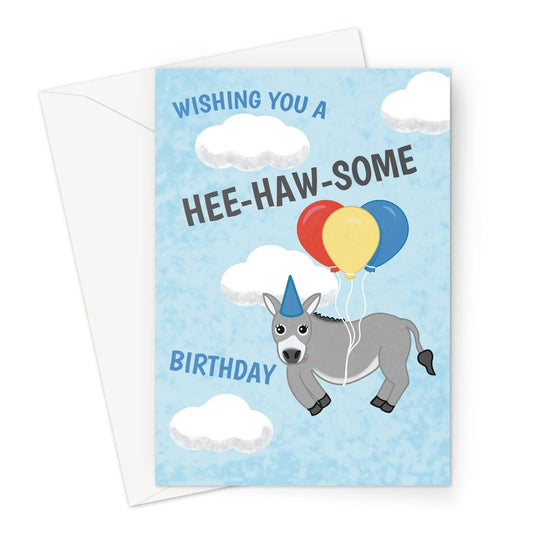 A donkey themed birthday card with helium balloons.