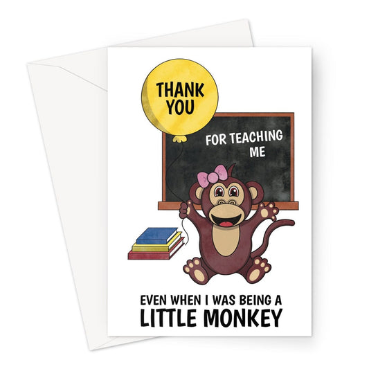 Thank you teacher card from a little girl monkey.