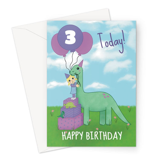 A cute dinosaur girls 3rd birthday card.